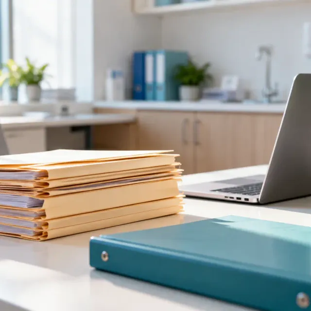 Close-up of a neat office desk with folders, a laptop and a small plant.
