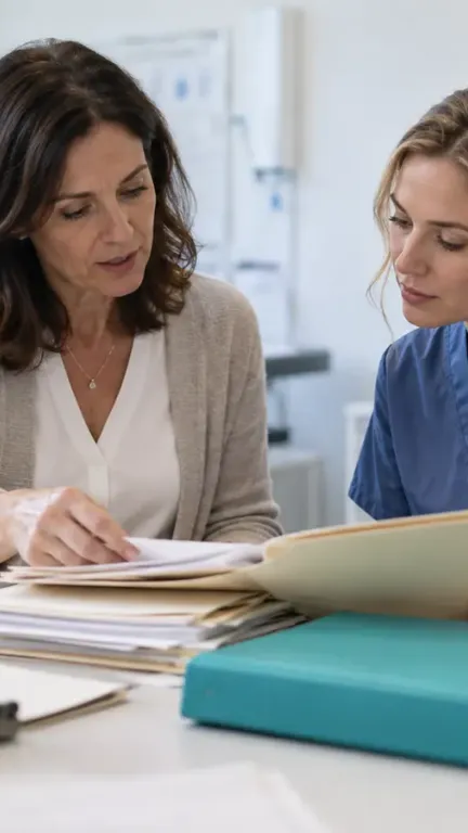 Two practice staff reviewing a stack of folders together at a desk.