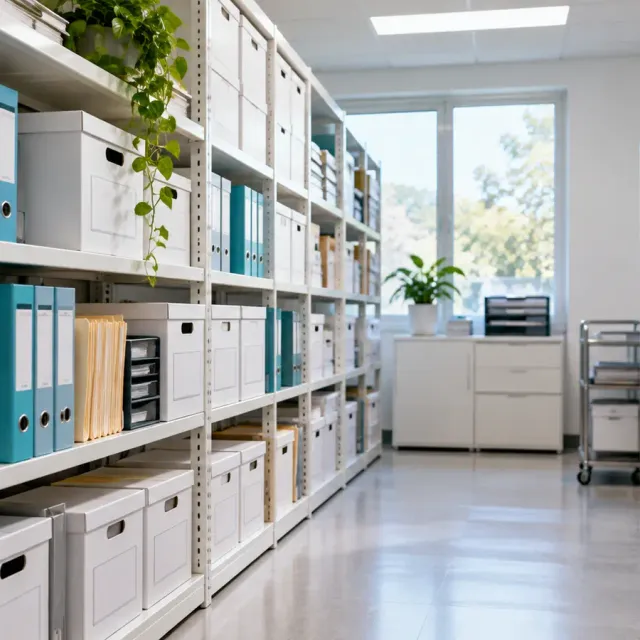 Organized records room with shelves of archive boxes and binders.